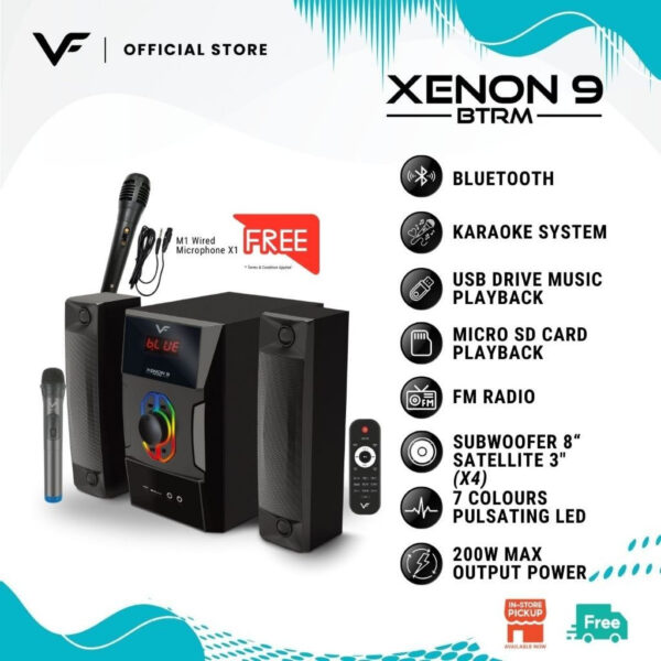 Vinnfier Xenon 9 BTRM 2.1 Speaker 200W Max Bluetooth Karaoke Speaker Subwoofer Micro SD Card USB drive RGB Light