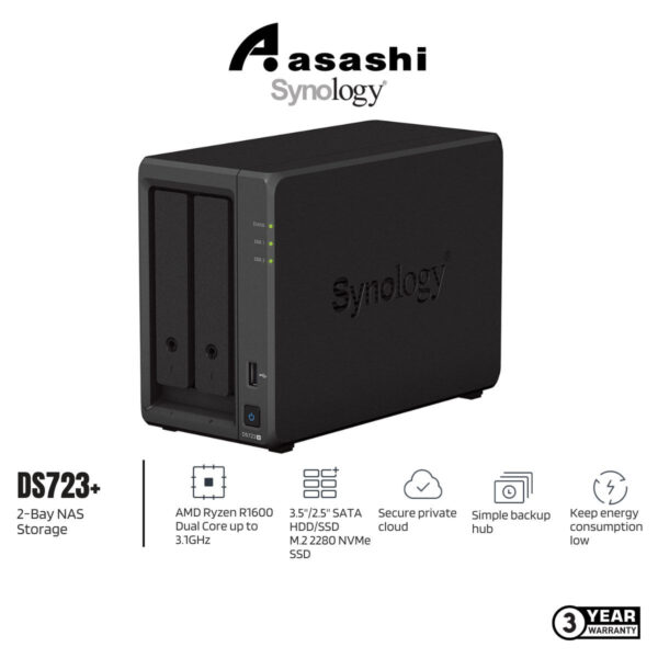Synology DS723+ 2-Bay NAS Storage (AMD Ryzen R1600 Dual Core 2.6Ghz up to 3.1GHz, 2GB DDR4 ECC , 2 x GbE)