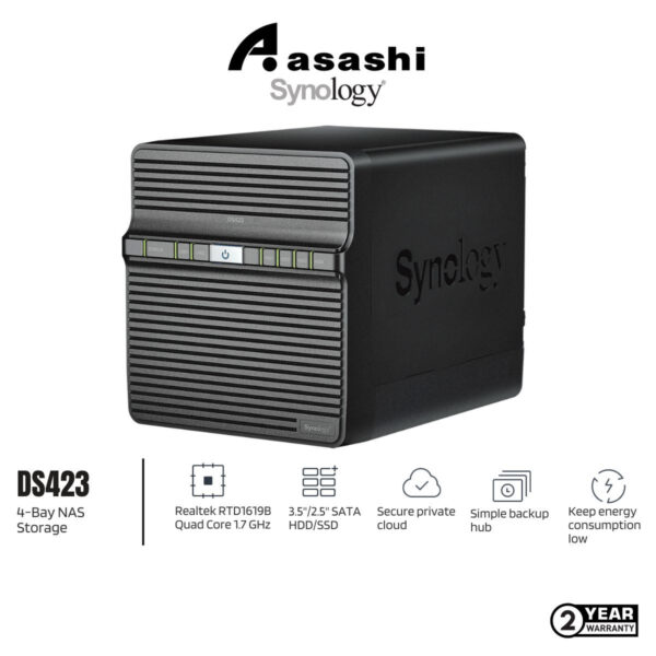 Synology DS423 4-Bay NAS Storage (Realtek RTD1619B Quad Core 1.7 GHz, 2GB DDR4,2 X 1GbE LAN, USB 3.2 Gen 1 X 2)