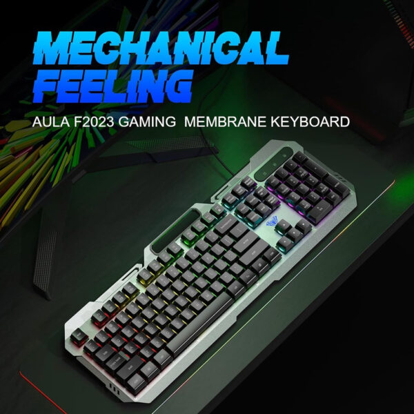 AULA F2023 RGB Gaming Keyboard Wired Membrane Switch Mechanical Feeling Aluminum Backplate Metal