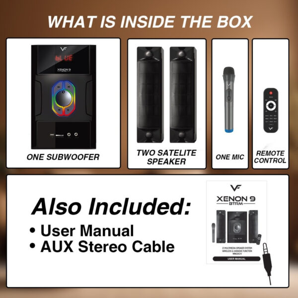 Vinnfier Xenon 9 BTRM 2.1 Speaker 200W Max Bluetooth Karaoke Speaker Subwoofer Micro SD Card USB drive RGB Light