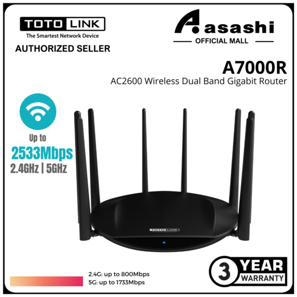 TOTOLINK A7000R AC2600 Gigabit Dual Band 2.4Ghz + 5Ghz Wireless WiFi Network Router (Support Unifi , Maxis & TIME Fiber)