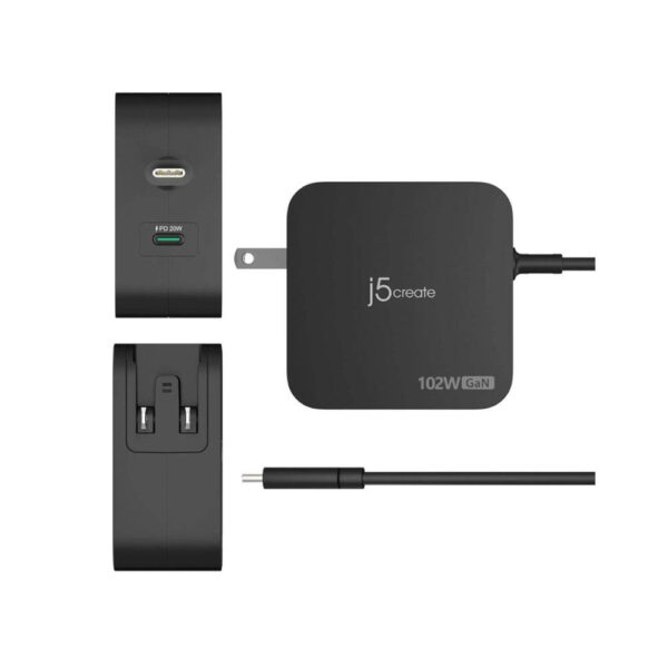 J5Create JUP25102F 102W GaN PD USBC 2-Port Charger with Changeable Plugs