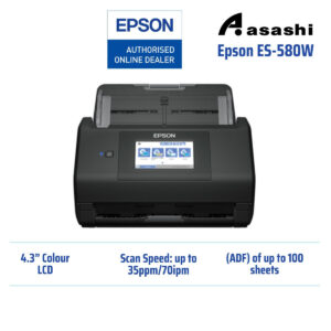 Epson ES-580W (WiFi) A4, Duplex, 35ppm/70ipm(300 dpi), 100 sheets ADF,4k daily duty cycle, paper and dirt protection, 4.3' Touch LCD Panel, USB, WiFi Direct SHEET FEED SCANNER