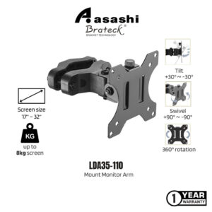 1897a4ed2cf51060b0ee56ef6e485216.jpeg Brateck LDA35-110 17” - 32”, Tilt +-30°, Swivel +-90°, Rotate 360°, Max 8kg Pole Mount Monitor Arm