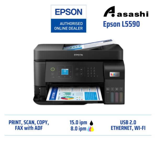 Epson L5590 Print Scan Copy, Fax, ADF, WiFi/WiFi Direct, Ethernet, Black/Color print speed 15/8ipm, Borderless 4R photo, Epson iPrint, Epson Email Print, Remote Print Driver, Apple AirPrint , Printer