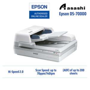 EPSON DS-70000 A3 Flatbed with ADF, Simplex/Duplex, 70ppm/ 140ipm, 8k daily duty cycle, Flatbed: 600 x 600 dpi, ADF: 600 x 600 dpi, 4-line colour CCD, 200 sheets ADF (Optional Network Interface Panel)