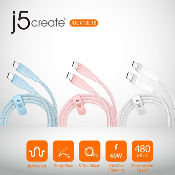 j5create JUCX18L18 USB-C | JUCX18L18C | JUCX18L18R 60W Ultra Soft Double-Braided Fast Charging Cable 1.8M Quick Charge