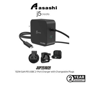 23687525364b641d45b784dae073bd6a.jpeg J5Create JUP25102F 102W GaN PD USBC 2-Port Charger with Changeable Plugs