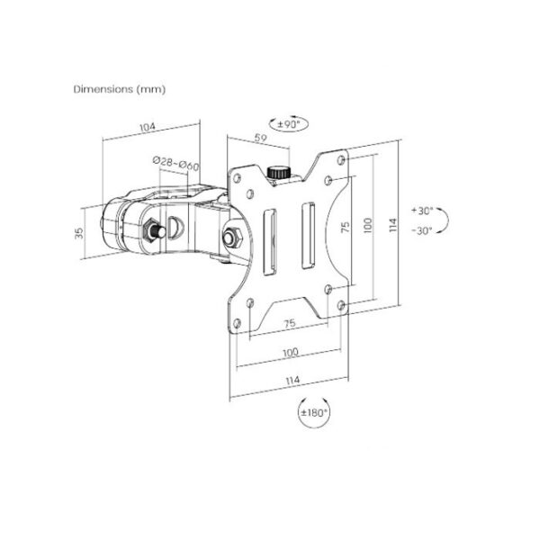 Brateck LDA35-110 17” - 32”, Tilt +-30°, Swivel +-90°, Rotate 360°, Max 8kg Pole Mount Monitor Arm