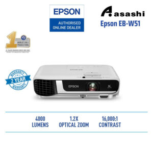Epson EB-W51 WXGA 3LCD Projector with 1280 x 800(WXGA), 4000 lumens for Color & White Brightness