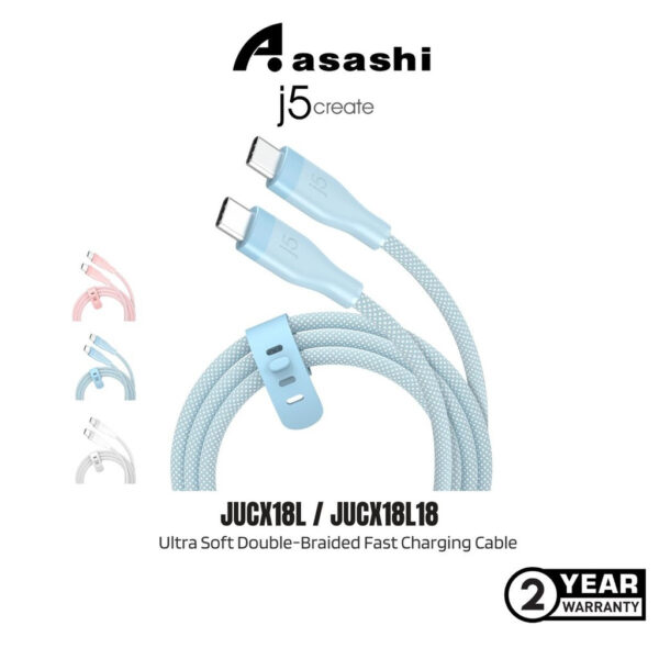 j5create JUCX18L18 USB-C | JUCX18L18C | JUCX18L18R 60W Ultra Soft Double-Braided Fast Charging Cable 1.8M Quick Charge