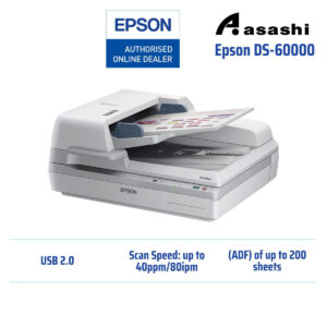 EPSON DS-60000 A3 Flatbed with ADF, Simplex, 40ppm/ 80ipm, 5k daily duty cycle, Flatbed: 600 x 600 dpi, ADF: 600 x 600 dpi, 4-line colour CCD, 200 sheets ADF (Optional Ethernet)