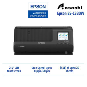 Epson ES-C380W (WiFi / WiFi Direct) A4, Duplex, 30ppm/60ipm (200&300dpi), 5.0ppm/10ipms(600dpi), 2.4" LCD Touchscreen, USB 2.0, CIS, Build in Battery, 20 sheets ADF, up to 3500 pages daily duty cycle, dedicated card slot