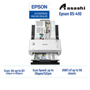 Epson DS-410 Scan up to A3, Duplex, 26ppm/52ipm(200/300dpi), 600x600dpi optical scanning, CIS, USB SHEET FEED SCANNER