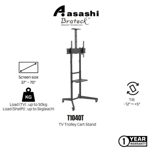 Brateck T1040T Versatile & Compact Steel TV Cart with top and centre shelf for 37”-70” TVs Up to 50kg - Brateck TV Stand