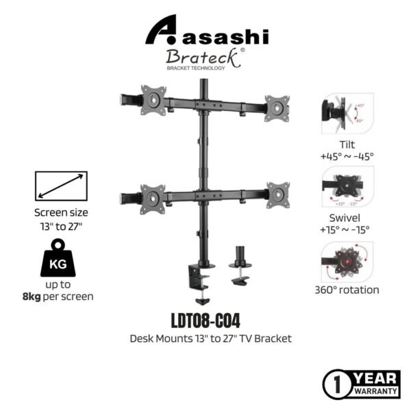 Brateck LDT08-C04 Elegant Aluminum LCD VESA Desk Mounts 13" to 27" TV Bracket