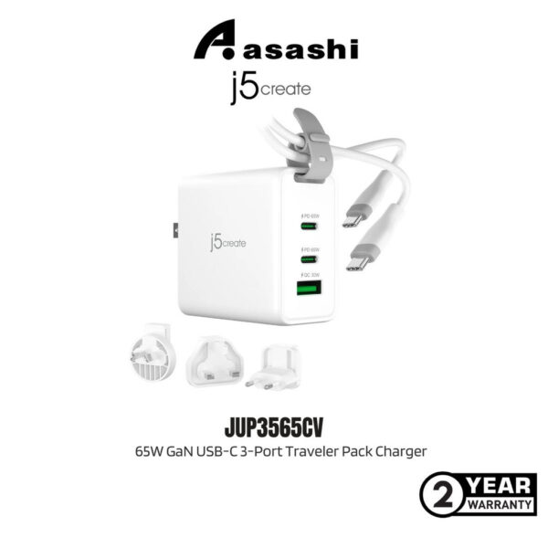 J5Create JUP3565CV 65W GaN USB-C 3-Port Traveler Pack Charger