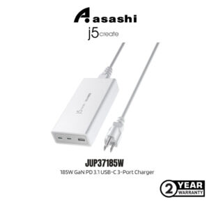 ab58c239457b5a99b713021674a47a12.jpeg J5Create JUP37185W / JUP37185 185W GaN PD 3.1 USB-C 3-Port Charger