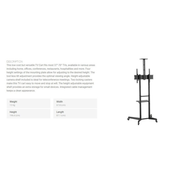 Brateck T1040T Versatile & Compact Steel TV Cart with top and centre shelf for 37”-70” TVs Up to 50kg - Brateck TV Stand