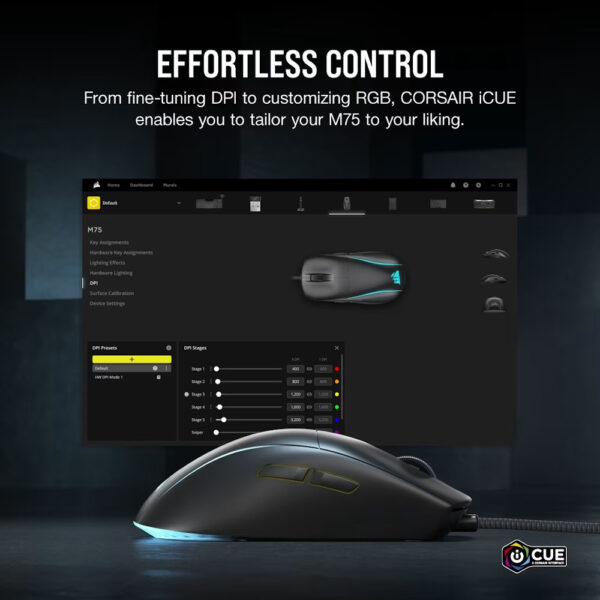 CORSAIR M75 Lightweight RGB Gaming Mouse - Black (74g, Wired, RGB)