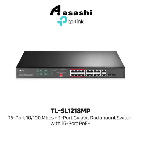 9a287337741604badf2c245b8e1d0491.png TP-Link TL-SL1218MP 16-Port 10/100 Mbps + 2-Port Gigabit Rackmount Switch with 16-Port PoE+