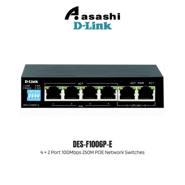 D-Link DES-F1006P-E 4 + 2 Port 100Mbps 250M POE Network Switches , Built to Power Extender POE Devices (POE Budget 60W)