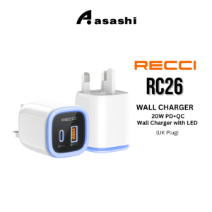 08f70aeef60ffc948080a2b735bd167a.png Recci RC26 20W PD+QC Wall Charger with LED (UK Plug)
