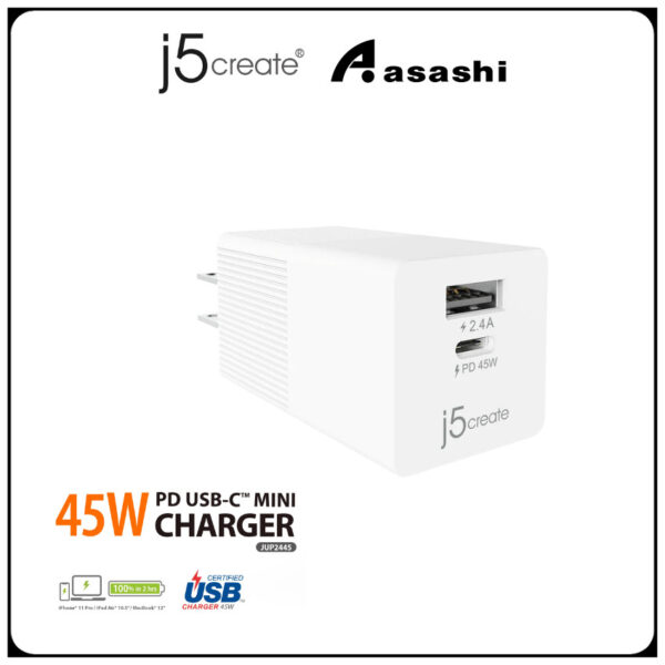 J5Create JUP2445 1port USB-C PD(45W) + 1port USB(12W) Wall Charger