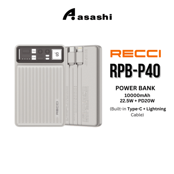 Recci P40 10000mAh 22.5W + PD20W Power Bank (Built-in Type-C + L*ng Cable)
