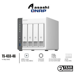 Qnap TS-433-4G 4-Bay NAS (ARM 4-core Cortex-A55 2.0GHz processor,4GB RAM,3.5" SATA HDD,1XUSB3.2,2XUSB2.0,1x2.5GbE,1XGbE)