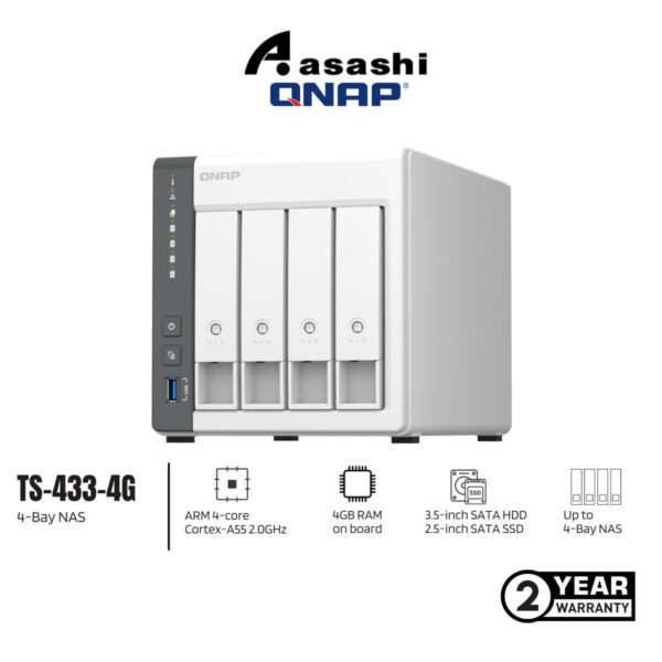 Qnap TS-433-4G 4-Bay NAS storage (ARM 4-core Cortex-A55 2.0GHz processor,4GB RAM,3.5" SATA HDD,1XUSB3.2,2XUSB2.0,1x2.5GbE,1XGbE)
