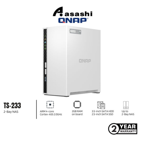Qnap TS-233 2-Bay NAS System (ARM 4-core Cortex-A55 2.0GHz processor,2GB RAM,3.5" SATA HDDS, 1XUSB3.2,2XUSB2.0,1XGBE LAN