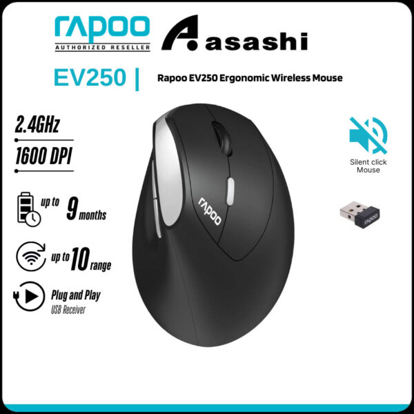 Rapoo EV200 wired / EV250 wireless Ergonomic Office Vertical 1600 DPI Optical Mouse - 3 Years Warranty
