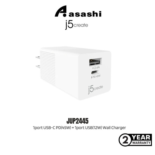 J5Create JUP2445 1port USB-C PD(45W) + 1port USB(12W) Wall Charger