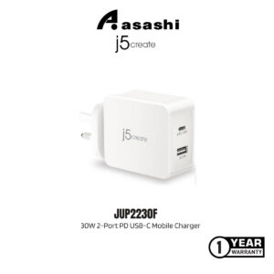 d8d46104543fc4234e5d98114e4d40b6.jpeg J5Create JUP2230F 30W 2-Port PD USB-C Mobile Charger Power Delivery & Quick Charge (1 yrs Limited Hardware Warranty)