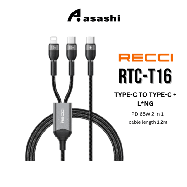 Recci T16 PD 65W 2 in 1 Type-C to Type-C + Lightning Cable 1.2M