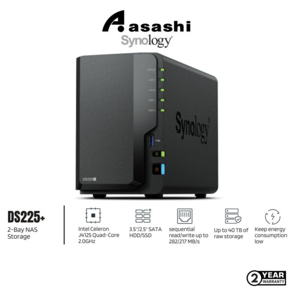 Synology DS225+ 2-Bay NAS - (Intel Celeron J4125 2.7 Processor , 2GB DDR4, 1 x GbE, 1 x 2.5GbE, 2 * USB 3.2 Gen 1)