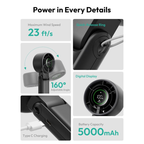 Aecooly Halo02 (3600mAh/5000mAh) Portable Handheld Fan Halo 02 | 5 Speeds USB Rechargeable Pocket Travel Turbo Fan