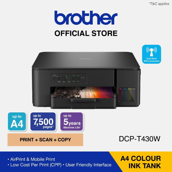 Brother DCP-T430W AIO Ink Tank Printer - (Print,Scan,Copy,DualBand Wireless,Airprint,Borderless Printing up to A4)