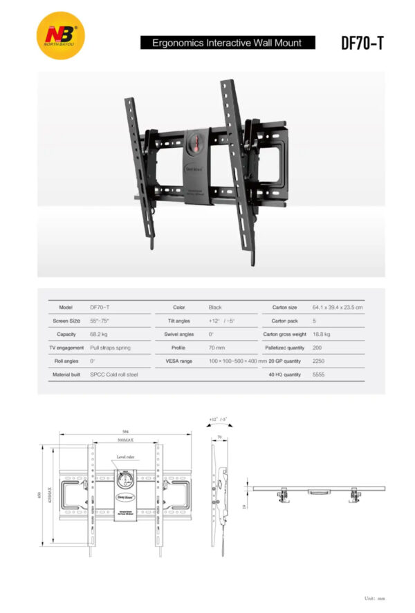 North Bayou DF70-T 55 to 85 Inch Ergonomics Interactive Fixed TV Wall Mount Bracket