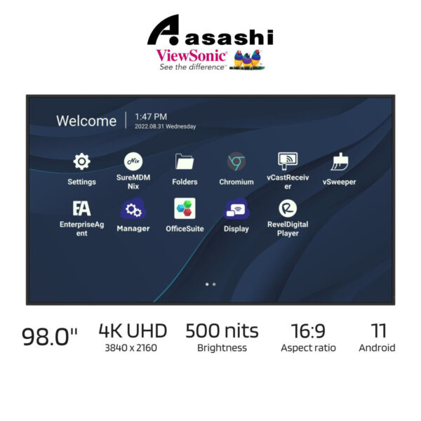 ViewSonic CDE9830 98" 4K Ultra HD (3840 x 2160) Commercial Monitor | 500 nits cd/m2 Brightness | 60 Hz Refresh Rate | 16:9 Ratio | Android 11 (Not support PC slot)