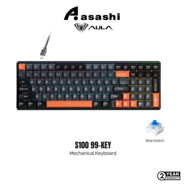 AULA S100 99-Key Mechanical Keyboard – Blue Switch, PBT Keycaps, Mixed Backlight, Ultra-Low Latency, Wired, Office & Gaming