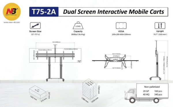 e384679d1b90883164bf77b3a0a3bff6.jpeg North Bayou T75-2A Motorized Dual TV for Size 55”-75” Mobile Stand