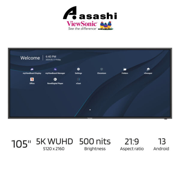 Viewesonic CDE105UW 105” 5K WUHD (5120 x 2160) Commercial Monitor | 500 nits cd/m2 Brightness | Aspect Ratio: 21:9 | Ultra-Clear Visuals | Professional Display | Android 13