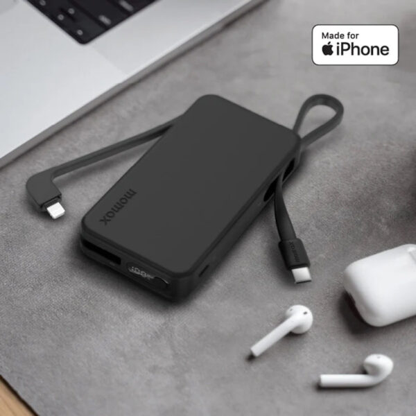 Momax 1-Power Vital+ 10000mAh Battery Pack with Dual Build-in USB-C and Lightning Cable - Black/ White