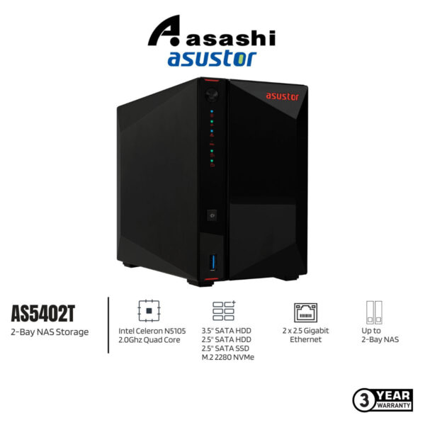 ASUSTOR AS5402T 2-Bay NAS Storage (Intel Celeron N5105 2.0Ghz Quad Core Processor, 4GB DDR4 Sodimm, 2 x 2.5GbE)