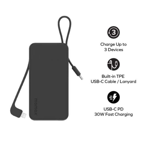 Momax 1-Power Vital+ 10000mAh Battery Pack with Dual Build-in USB-C and Lightning Cable - Black/ White