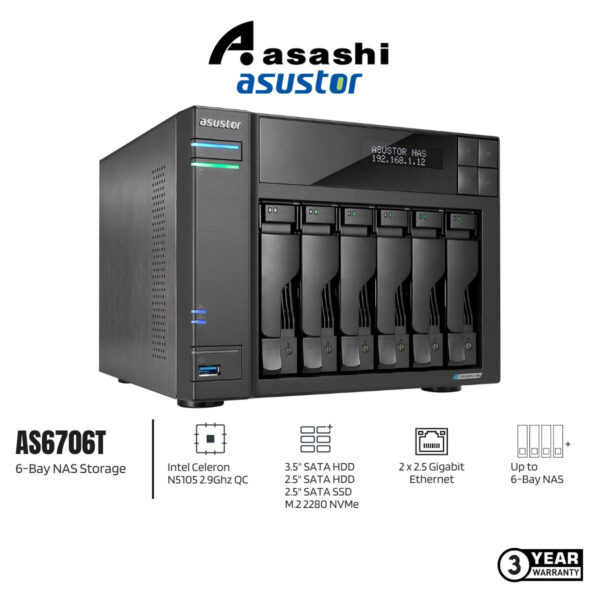 ASUSTOR AS6706T 6-Bay NAS Storage (Intel Celeron N5105 2.9Ghz QC, 8GB DDR4, 2 x 2.5GbE)