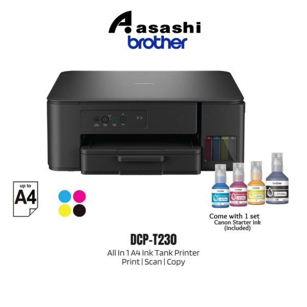 Brother DCP-T230 AIO Refill Tank System Printer - 3 years Carry-In or 30K pages (Print,Scan,Copy,Borderless Printing up to A4, Support Windows only)